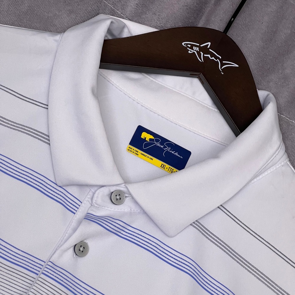 Jack Nicklaus Polo Shirt Mens XXL White Blue Striped Excellent Golden Bear Golf
